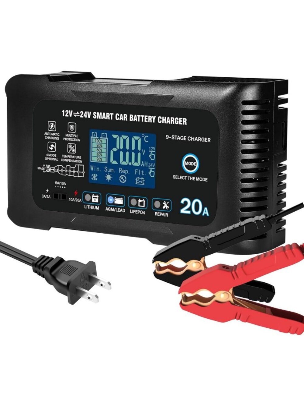 20A Car Battery Charger, 12/24V Smart Trickle Charger & Maintainer